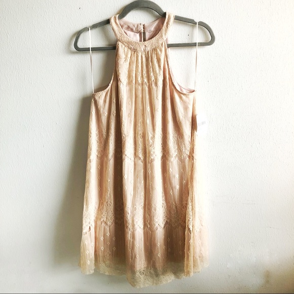 ASTR Dress Blush Pink High Neck Lace Overlay Shift Mini Sz S BNWT Anthropologie - Picture 4 of 16